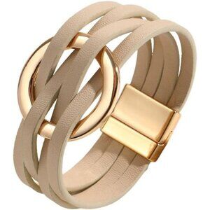 Brown Charm Leather Wrap Strand Boho Bracelet Handmade Cuff Bracelets for Women